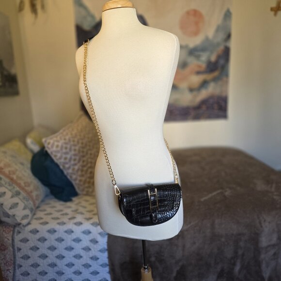 Halston Black Croc Embossed Faux Leather Crossbody Bag Gold Chain H Logo - Picture 3 of 14